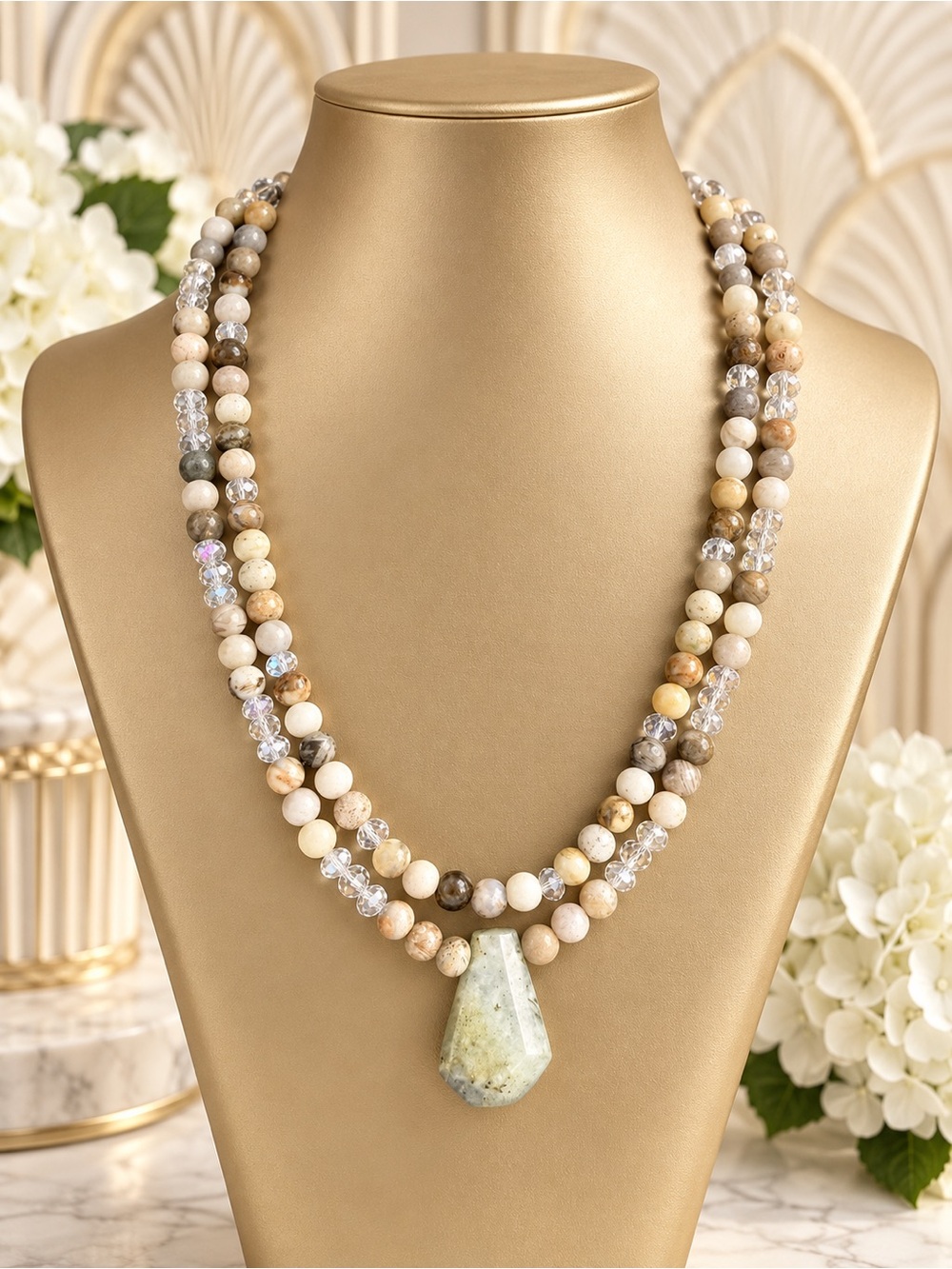 🆕❤️Neutral Multi-Strand Bamboo Agate Necklace with Stone Pendant